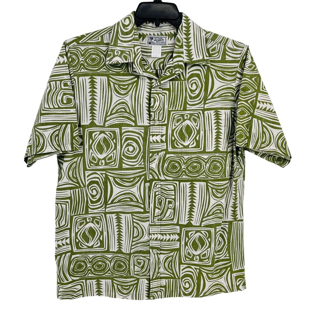 Avanti Hawaiian Shirt Mens Sz Large Turtle Tiki PrintGreen White Cotton Aloha